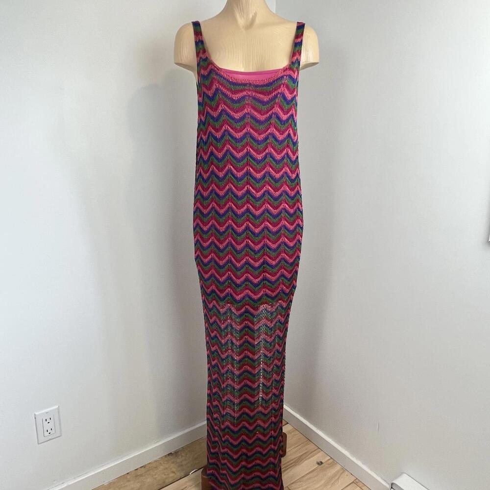 MNG by Mango Size 10 Crochet Knit Sleeveless Pink Blue Green Maxi Dress Cover Up